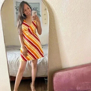 Reversible halter dress y2k striped floral vintage Hawaiian striped mini